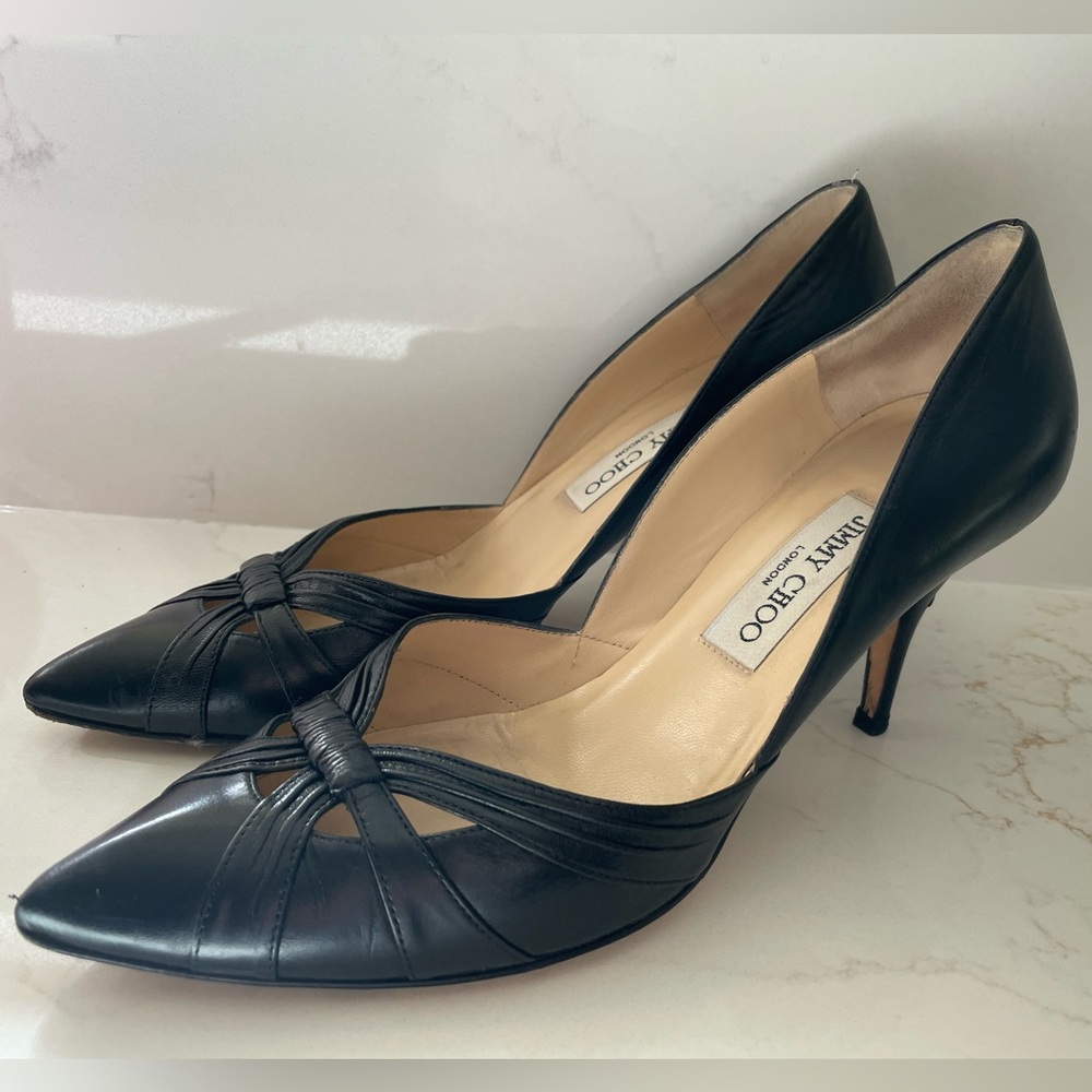 Jimmy Choo Black Leather Knotted Pointed-Toe Pumps 38.5 kitten heels